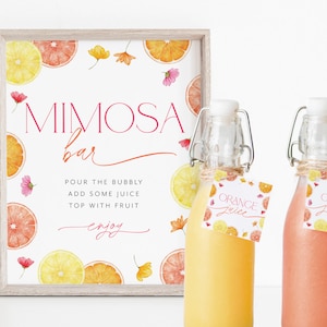 Pu&ograve; includere: Un cartello stampabile che dice "MIMOSA bar" con un design ad acquerello di limoni e arance. Il cartello dice anche "Versa il frizzante, aggiungi del succo, guarnisci con frutta, goditi". Due bottiglie di vetro con etichette che dicono "Succo d'arancia" e "Succo di guava" sono in primo piano.