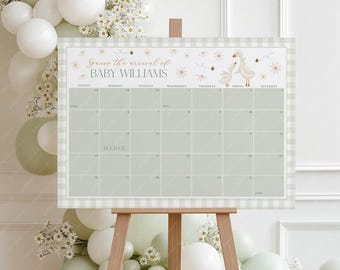 May include: A green and white gingham background with a calendar for tracking the arrival of a baby. The calendar has the days of the week listed at the top and the numbers 1 through 31 listed in rows. The text "Join the arrival of Baby Williams" is at the top of the calendar.