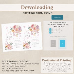 Op de afbeelding: Twee afdrukbare huwelijksuitnodigingen met een bloemmotief. De uitnodigingen tonen een aquarelbloemboeket met vlinders en de tekst "LOVE in bloom". De uitnodigingen zijn beschikbaar in de formaten PDF, JPEG en PNG.
