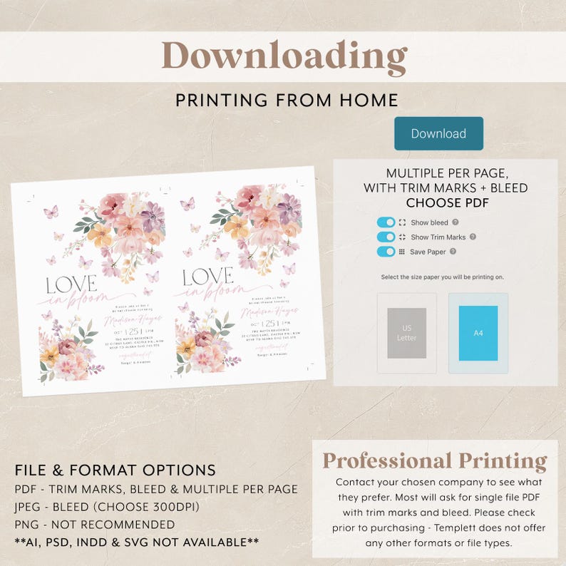 Op de afbeelding: Twee afdrukbare huwelijksuitnodigingen met een bloemmotief. De uitnodigingen tonen een aquarelbloemboeket met vlinders en de tekst "LOVE in bloom". De uitnodigingen zijn beschikbaar in de formaten PDF, JPEG en PNG.