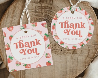 Berry First Birthday Favor Tags, Editable Strawberry Tags, Berry Stickers, Strawberry Gift Tags, Berry 1st Birthday Thank You Tags Printable