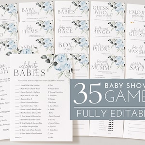 Baby Shower Games Blue Floral, Blue Baby Shower Editable Games, Printable Games, Boy Baby Games Pack, Celebrity, Bingo, Blue Baby Boy Games