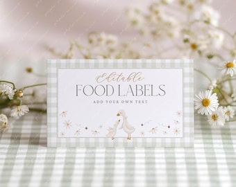 Silly Goose Baby Shower Food Labels: Sage Green Tent Cards (Canva Template)