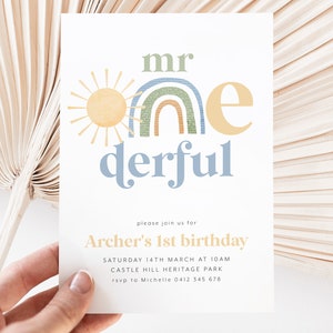 Mr Onederful Birthday Invitation, Sun and Rainbow Onederful Invitation, 1st Birthday Invitation, 1st Birthday Boy, Mr Onederful Blue Green