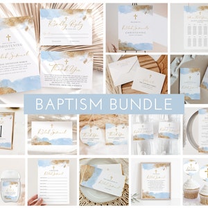 May include: A baptism bundle with blue and gold watercolor designs. The bundle includes invitations, thank you cards, welcome signs, table numbers, menus, favor tags, and hand sanitizer labels. The text on the invitations reads "You are invited to the christening of Kolby Jubel".