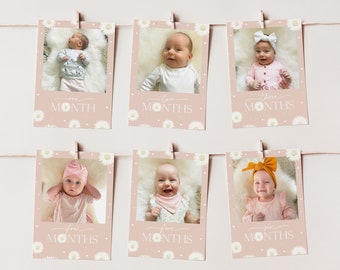 Puede incluir: Un banner de hitos para bebés rosa y blanco con fotos de un bebé a diferentes edades. El banner tiene un patrón de margarita y el texto "un mes", "dos meses", "tres meses", "cuatro meses", "cinco meses" y "seis meses".