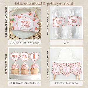 May include: A set of printable party decorations for a first birthday party with a strawberry theme. The set includes chocolate bar wrappers, water bottle labels, cupcake toppers, and a high chair banner. The decorations feature a pink and red color scheme with strawberries and the text "Berry First Birthday".