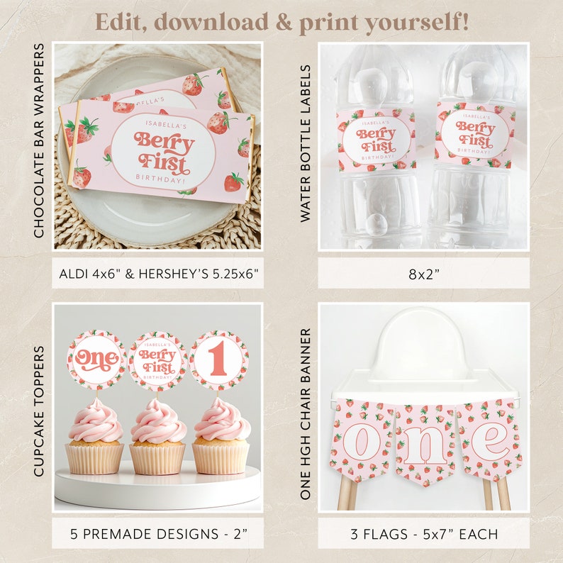 May include: A set of printable party decorations for a first birthday party with a strawberry theme. The set includes chocolate bar wrappers, water bottle labels, cupcake toppers, and a high chair banner. The decorations feature a pink and red color scheme with strawberries and the text "Berry First Birthday".