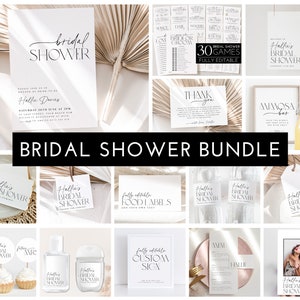 Minimal Bridal Shower Invitation Bundle, Modern Bridal Shower Games Pack, Editable Games, Printable Monochrome Bridal Shower Bundle Black