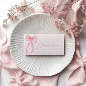 Pink Bow Place Card Template Printable, Flat Place Cards, Baby Shower Place Cards, Pink Bow Editable Place Cards Pink Bows Baby Girl, FLAT