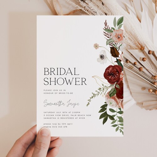 Bridal Shower Invitation Template Elegant Burgundy Floral Etsy