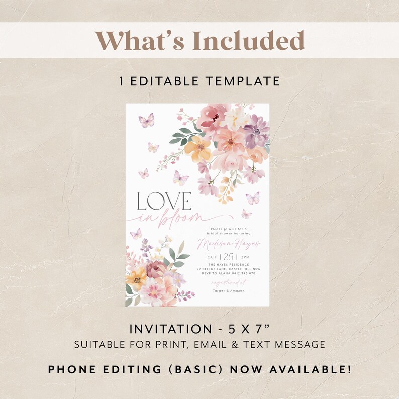 Op de afbeelding: Een afdrukbare bruidsdouche-uitnodiging met een bloemenontwerp. De uitnodiging bevat een aquarel-illustratie van roze, paarse en gele bloemen met vlinders. De tekst "LOVE in bloom" staat bovenaan de uitnodiging. De uitnodiging is 5 inch bij 7 inch.
