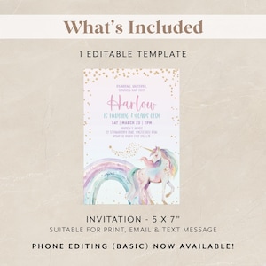 May include: A pastel-colored invitation template with a unicorn, rainbow, and gold stars design. The invitation is for a birthday party and includes the text "Harlow is turning 2 years old". The invitation is 5 x 7 inches.