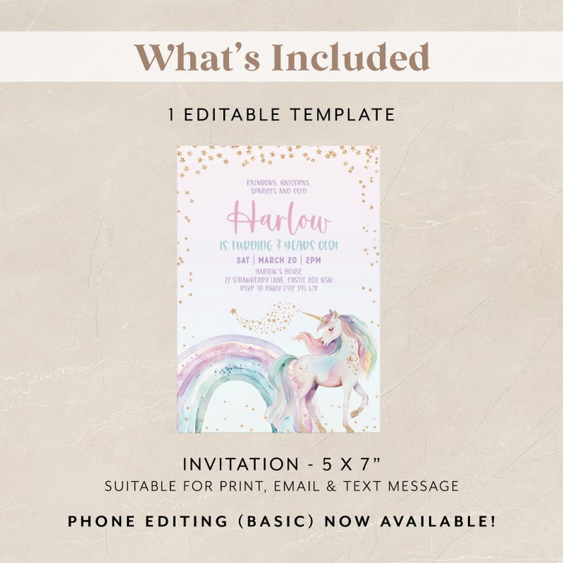 May include: A pastel-colored invitation template with a unicorn, rainbow, and gold stars design. The invitation is for a birthday party and includes the text "Harlow is turning 2 years old". The invitation is 5 x 7 inches.