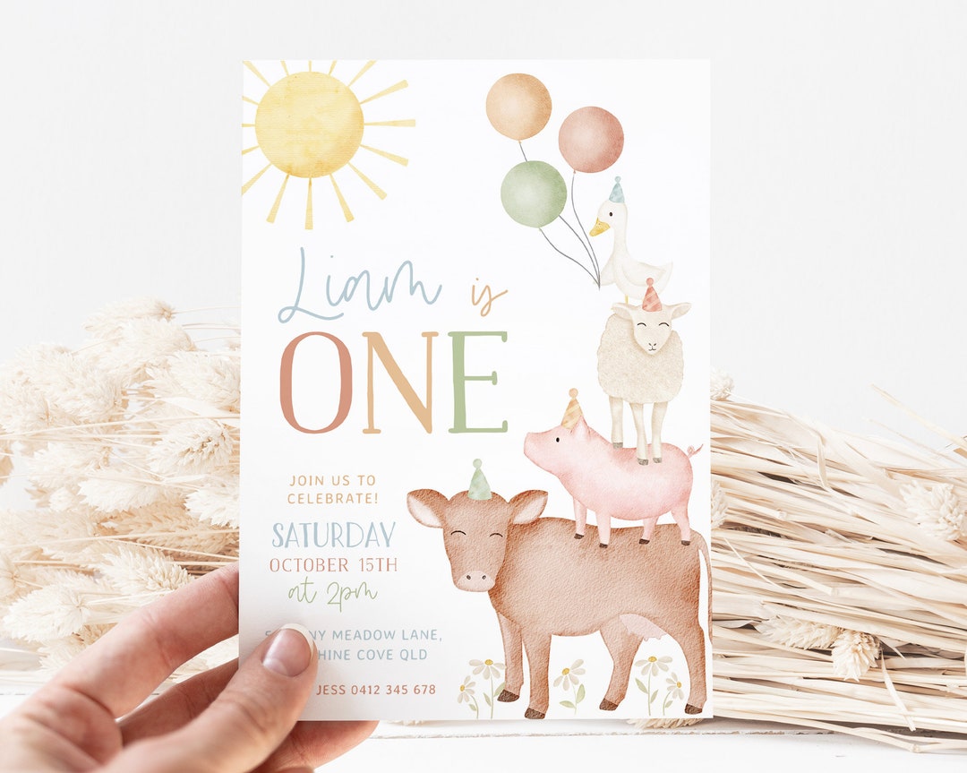 Farm Birthday Invitation Template, Farm Animals 1st Birthday Invite Boy ...