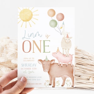 Farm Birthday Invitation Template, Farm Animals 1st Birthday Invite Boy, Barnyard Animals Birthday Printable Invitation, 1st Birthday Boy