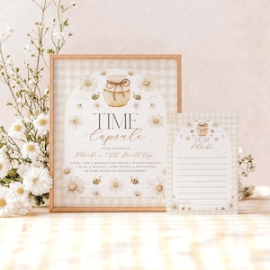 Bee 1st Birthday Time Capsule Sign, 1st Birthday Time Capsule Sign, Time Capsule Template, Honey Bee 1st Birthday, Yellow Gingham Daisies