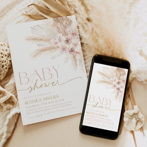 Boho Baby Shower Invitation, Boho Floral Baby Shower, Baby Girl Baby Shower Invite, Dried Flower Invitation, Muted Pink Boho Baby Invitation image 3