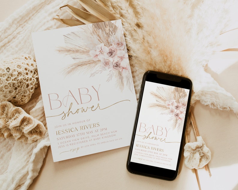 Boho Baby Shower Invitation, Boho Floral Baby Shower, Baby Girl Baby Shower Invite, Dried Flower Invitation, Muted Pink Boho Baby Invitation afbeelding 3