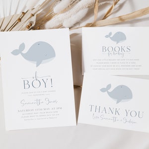 Op de afbeelding: Babydouche uitnodigingsset met een grijze walvis illustratie. De set bevat een uitnodiging met de tekst "Oh Boy!", een "Boeken voor Baby" kaart en een "Bedankt" kaart. De uitnodiging bevat de datum, tijd en locatie.