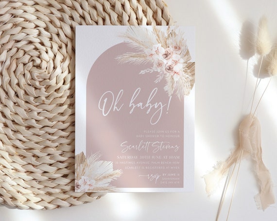 Pink Boho Baby Shower Invitation, Boho Floral Baby Shower, Baby