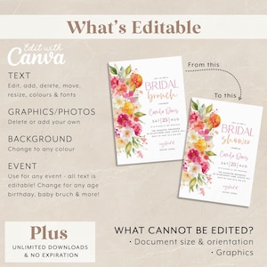 May include: Two invitation templates for a bridal brunch and shower. The designs feature floral arrangements with pink, orange, and yellow flowers. The text includes the names Camila Davis and the date, August 25th. The invitations are editable with Canva.