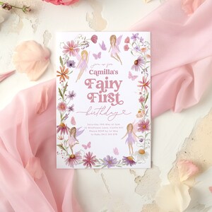 May include: A pink and purple fairy-themed first birthday party invitation with a floral border and butterflies. The text reads "Join us for Camilla's Fairy First Birthday".