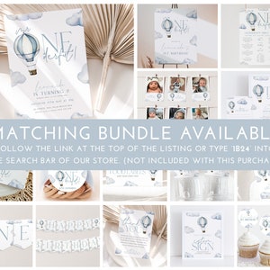 May include: A set of printable party decorations for a first birthday with a hot air balloon theme. The decorations include a banner, cupcake toppers, food labels, a sign, and a thank you card. The decorations are in blue and white with watercolor clouds and hot air balloons.