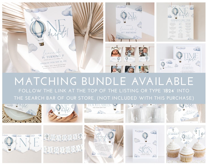 May include: A set of printable party decorations for a first birthday with a hot air balloon theme. The decorations include a banner, cupcake toppers, food labels, a sign, and a thank you card. The decorations are in blue and white with watercolor clouds and hot air balloons.