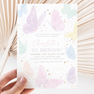 Butterfly Birthday Invitation, Pastel Rainbow Butterflies 1st Birthday Invite, First Birthday Invitation, Birthday Girl Butterfly Party