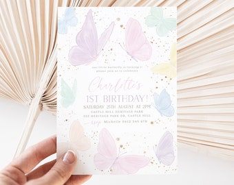 Butterfly Birthday Invitation, Pastel Rainbow Butterflies 1st Birthday Invite, First Birthday Invitation, Birthday Girl Butterfly Party