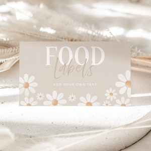 Daisy Food Labels, Daisy Flower Birthday Food Label Cards, Food Tent Card, Birthday Food Tags, Folded Food Cards, Tented Food Label Neutral