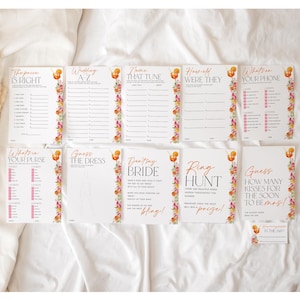 Puede incluir: Un conjunto de tarjetas de juegos para despedida de soltera en blanco, con bordes florales e ilustraciones de c&oacute;cteles. Los juegos incluyen "The Price is Right", "Wedding A-Z" y "Guess How Many Kisses".
