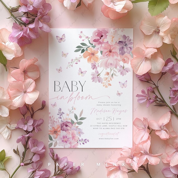 Baby in Bloom Invitation, Butterfly Baby Shower Invitation Girl, Pink Purple Butterflies Wildflower Invite Printable Baby in Bloom Shower