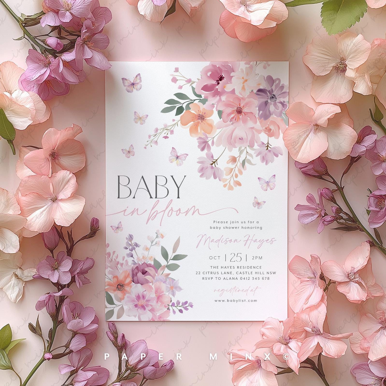 Baby in Bloom Invitation, Butterfly Baby Shower Invitation Girl, Pink Purple Butterflies Wildflower Invite Printable Baby in Bloom Shower
