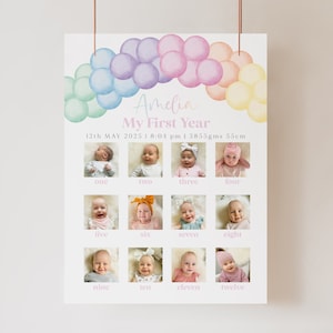 1st Birthday Photo Board Printable, First Birthday Monthly Photo Sign, Girls First Year, 1st Birthday Decor, Pastel Rainbow Balloons image 2