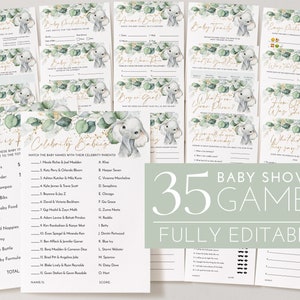 Elephant Baby Shower Games, Baby Shower Editable Games, Printable Games, Greenery Baby Games Pack, Celebrity, Bingo, Gender Neutral Games
