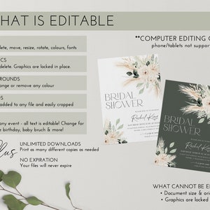 Op de afbeelding: Een bewerkbare sjabloon voor een bruidsdoucheinvitatie. De uitnodiging heeft een groene achtergrond met een aquarel-illustratie van pampasgras en witte bloemen. De tekst "Bridal Shower" is in een modern lettertype en de naam "Rachel King" is met de hand geschreven in zwarte inkt. De tekst "Computer Editing Only" is in hoofdletters en geeft aan dat de sjabloon alleen op een computer kan worden bewerkt.
