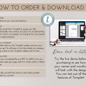 May include: An instructional graphic with the text "HOW TO ORDER & DOWNLOAD" and numbered steps. A laptop displays a document template. The text includes instructions on purchasing, accessing, editing, downloading, and printing.