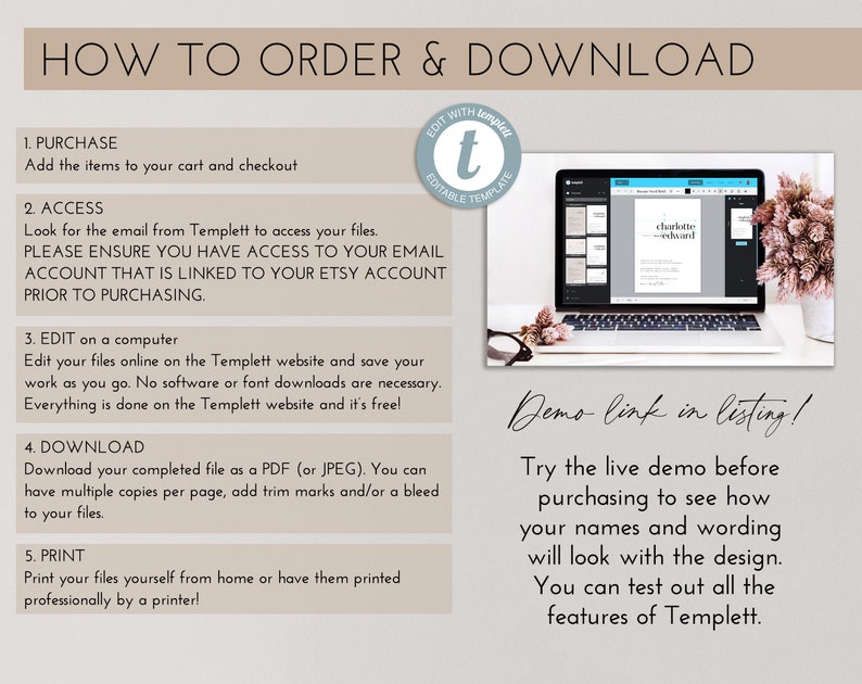 May include: An instructional graphic with the text "HOW TO ORDER & DOWNLOAD" and numbered steps. A laptop displays a document template. The text includes instructions on purchasing, accessing, editing, downloading, and printing.