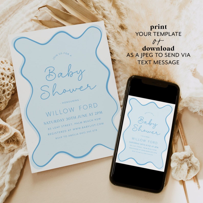 Blue Baby Shower Invitation Boy, Wavy Invitation, Curve Invite, Wave Invitation, Modern Baby Shower, Blue Baby Shower, Baby Boy Shower image 4