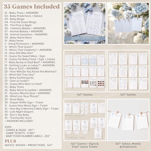 May include: A printable set of 35 baby shower games, signs, and tickets. The games are 5x7 inches and include a variety of themes, such as baby trivia, baby bingo, and guess the baby food. The set also includes 3.5x2 inch game tickets and 2x2 inch baby food number labels. The set is printed on white cardstock with blue and white accents.