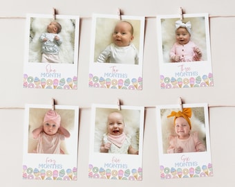 Può includere: Sei schede fotografiche per i traguardi mensili con un tema di gelato e ciambelle pastello. Ogni scheda presenta un'età diversa, da un mese a sei mesi, con una foto di un bambino al centro. Le schede sono decorate con coni gelato, ciambelle e codette pastello rosa, blu e giallo.