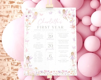 May include: A pink and purple first birthday milestone poster with a fairy theme. The poster features a girl's name, Charlotte, and details her first year milestones, including her weight, height, and favorite foods. The poster is decorated with butterflies, flowers, and glitter.