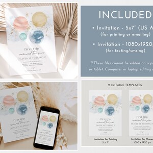 May include: Editable invitation template for a first birthday party with a space theme. The invitation features a watercolour illustration of planets and stars in shades of blue, pink, and yellow. The text on the invitation reads "First trip around the sun Oliver is turning 1".