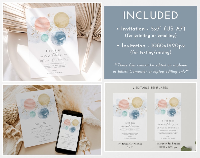 May include: Editable invitation template for a first birthday party with a space theme. The invitation features a watercolour illustration of planets and stars in shades of blue, pink, and yellow. The text on the invitation reads "First trip around the sun Oliver is turning 1".
