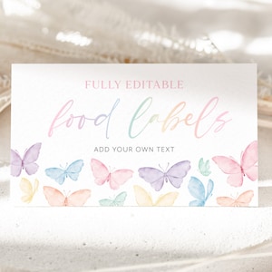 Editable Food Labels, Rainbow Butterfly Food Label Card, 1st Birthday Food Tags, Folded Food Cards, Tented Food Labels, Pastel Butterflies