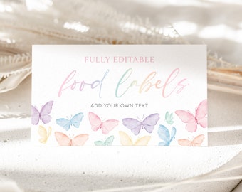 Peut inclure: Etiquettes alimentaires imprimables avec un motif de papillon aquarelle. Les étiquettes sont entièrement modifiables et indiquent "food labels" avec le texte "Add your own text" en dessous.