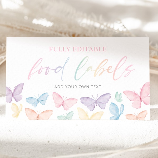 Editable Food Labels, Rainbow Butterfly Food Label Card, 1st Birthday Food Tags, Folded Food Cards, Tented Food Labels, Pastel Butterflies