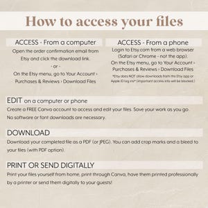 May include: A beige and white infographic titled "How to access your files." Instructions are provided for accessing files from a computer or phone, editing files, downloading, and printing or sending them digitally.